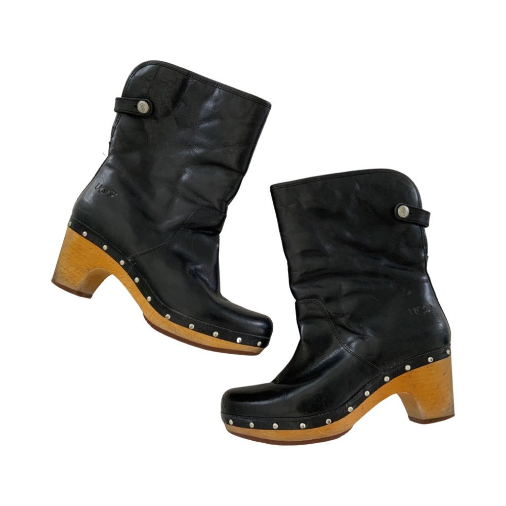 Ugg Black Leather Studded Clog Fur Lined Bootie Size 7